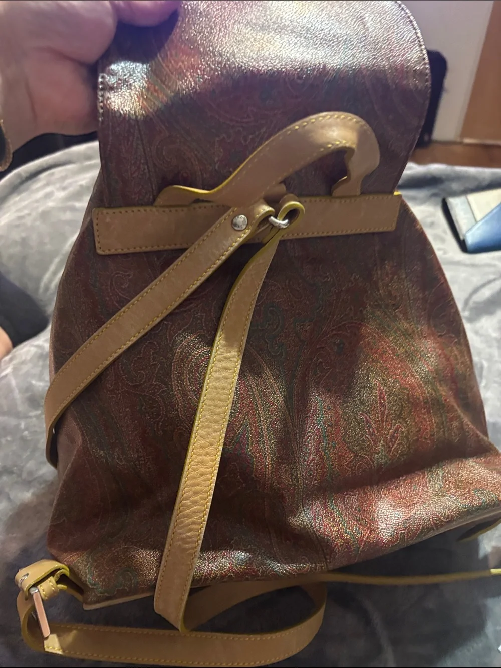 Etro Brown Paisley Drawstring Backpack with Tan Trim